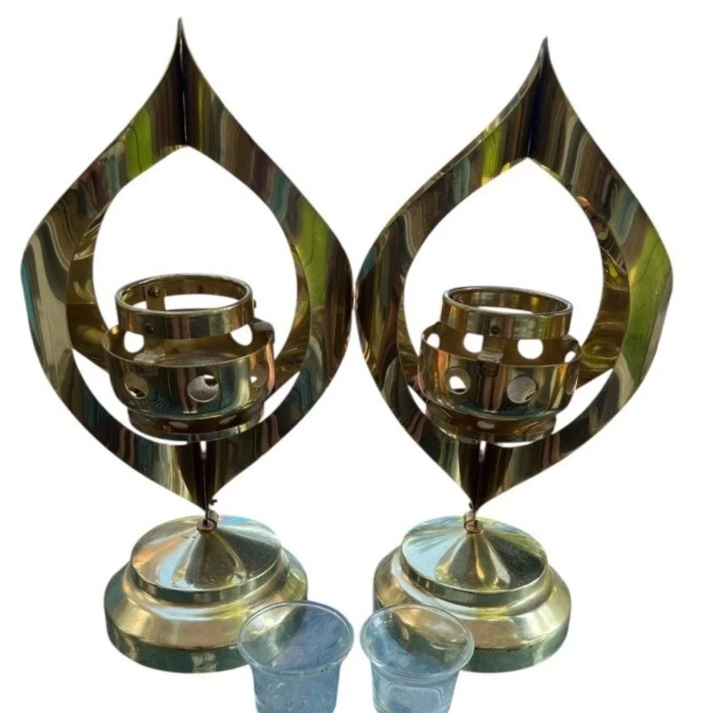 2 Mid Century Modern Candle Holder Gold Metal‎ Sculptural